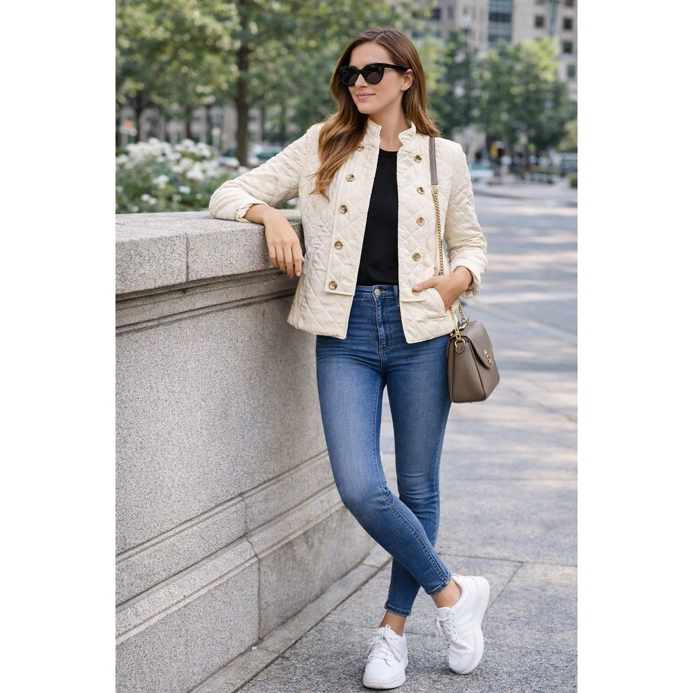 Jones New York Quilted Military Jacket Cream Button Front Lightweight XS NEW